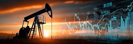 Oil Pump Industry Silhouette Against Sunset Sky with Financial Graphs and Stock Market Data Analysisの素材