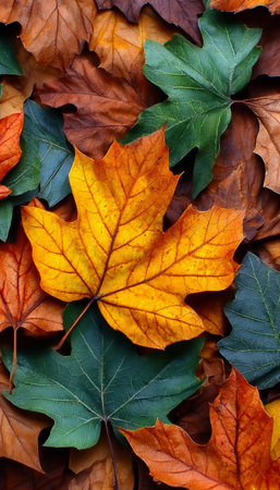 A Captivating Autumn Scene with Vibrant Maple Leaves in Rich Yellows, Oranges, and Deep Redsの素材