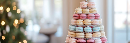 A Beautifully Arranged Macaron Tower Displaying an Assortment of Colors and Flavors for Eventsの素材