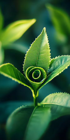 Close-Up of Lush Green Tea Plant Leaves with Intricate Veins and Abstract Spiral Nature Patternsの素材