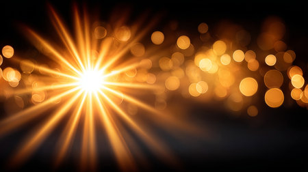 Vibrant Golden Ray with Festive Light Explosion and Bokeh Background for Joyful Holiday Celebrationsの素材