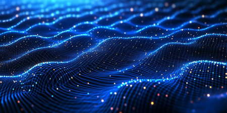 Futuristic Abstract Design with Undulating Cyan Grid Structure and Interconnected Lines and Dotsの素材