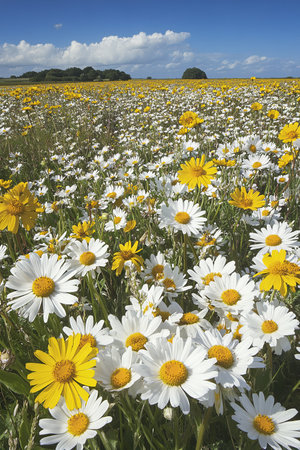 Vibrant Meadow with a Flourishing Field of White and Yellow Flowers Under Bright Sunlightの素材