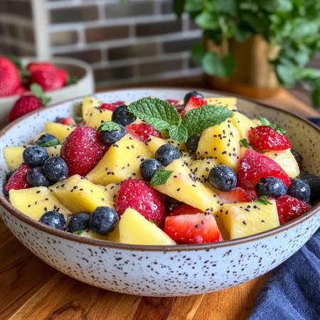Vibrant Summer Fruit Salad Featuring Ripe Strawberries, Mango, Blueberries, and Fresh Mint Leavesの素材