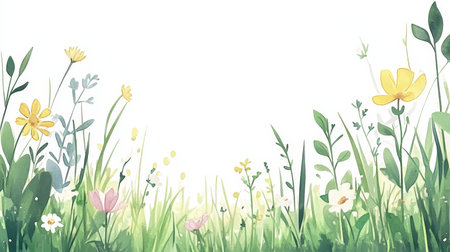 Charming Watercolor Meadow Ambience with Light Flowers and Leaf Frames for Romantic Illustrationsの素材