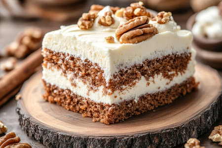 Irresistibly Moist Carrot Spice Cake Slice Decorated with Cream Cheese Frosting and Walnutsの素材