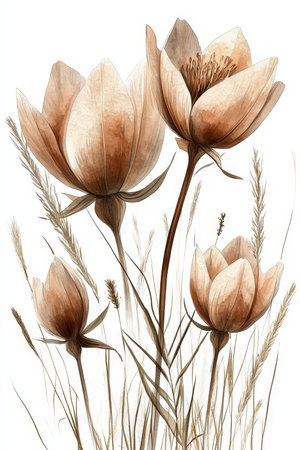 Delicate Dusty Rose Florals Watercolor Meadow with Soft Pastel Blooms and Gentle Nature Elementsの素材
