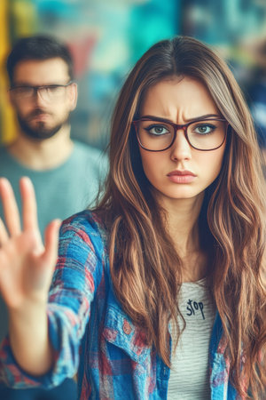 Professional Woman Gesturing To Stop Avoiding Problematic Situations With Coworkers At Workの素材