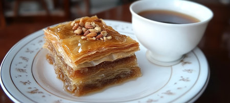 Indulgent Baklava Pastry Drizzled with Honey, Garnished with Nuts, Perfectly Served with Coffeeの素材