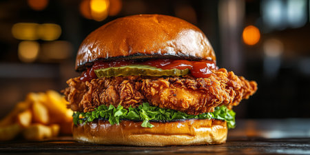 Delicious fried chicken burger on a bun, topped with pickles and lettuce, served with sauce.の素材