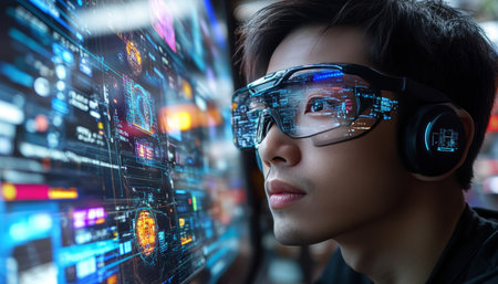 Operator with Mixed Reality Headset in Cyber Workshop Analyzing Data Streams and Digital Productionの素材