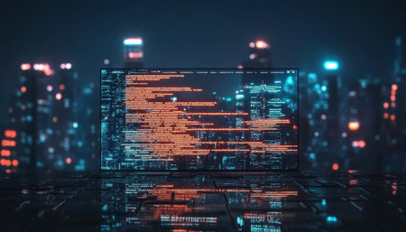 Cyberpunk Cityscape Illustration with Matrix Code Technology and Reflective Digital Downtown Sceneの素材