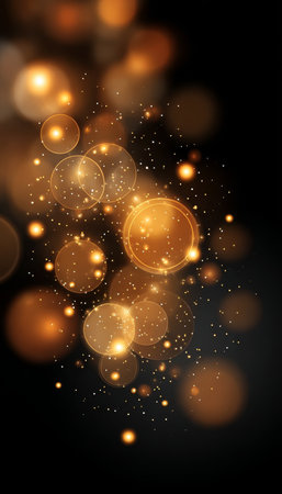 Golden Bokeh Light Effects on Black Background, Creating a Festive Atmosphere with Shimmering Orbsの素材