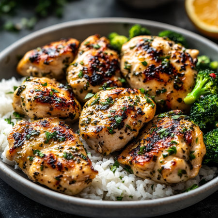 Delicious Grilled Chicken with Herb Rice and Steamed Broccoli Bowl for a Healthy Dinner Optionの素材