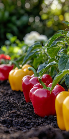 Ripe Bell Peppers in Vibrant Colors, Organic Vegetable Plants, and Fresh Garden Produce Backgroundの素材
