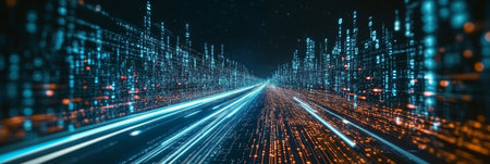 Futuristic Abstract Cityscape with Data Stream Highway and Digital Network in Seamless Backgroundの素材
