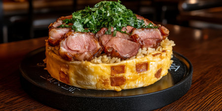 Decadent Indulgence on a Plate Savoring Layers of Waffle, Toppings, and Greens for Flavorful Mealの素材