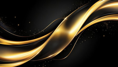 Elegant 3D Rendering of Gold Waves Swirling on Luxurious Fabric with Black Background Designの素材