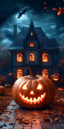 Eerie Halloween Night with Creepy House, Jack O Lanterns, and Spooky Cobblestone Pathway Sceneの素材