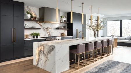 Elegant and Contemporary Kitchen Design Featuring a Spacious Marble Island and Chic Golden Accentsの素材