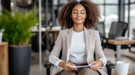 Calm female executive mindfully meditating in a blurred office, achieving serenity and balance.の素材