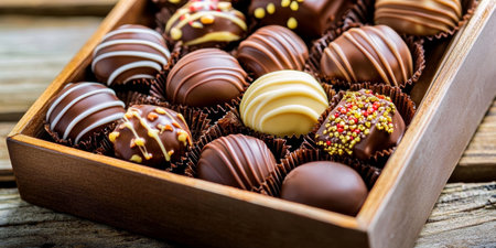 Elegant Assorted Chocolates and Pralines Beautifully Arranged in a Luxurious Gift Box for Giftingの素材