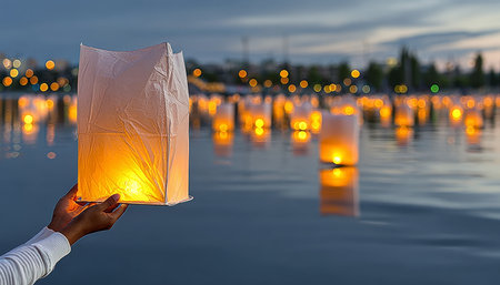 Illuminated Floating Lanterns Create a Luminous Serenity During a Beautiful Twilight Festival Sceneの素材