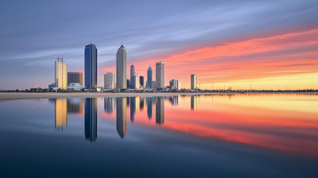 Breathtaking Sunset Over Coastal City Skyline, Vibrant Colors Reflecting on Calm Water Surfaceの素材