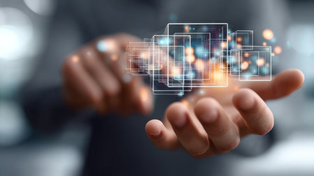 Illustration of Digital Data Transformation with Virtual Screen, Innovation, and Future Technologyの素材