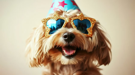 Adorable Domestic Purebred Puppy with Sunglasses Celebrating a Fun Outdoor Party Momentの素材