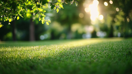 Serene and Lush Green Lawn Surrounded by Majestic Trees Under Soft Sunlight for Relaxation and Peaceの素材