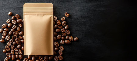 Craft Coffee in a Blank Kraft Paper Sachet Featuring Rich Roasted Coffee Beans on Dark Backgroundの素材