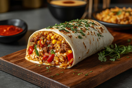 Close Up of a Delicious Burrito Filled with Flavorful Ingredients on a Wooden Board Ready to Eatの素材