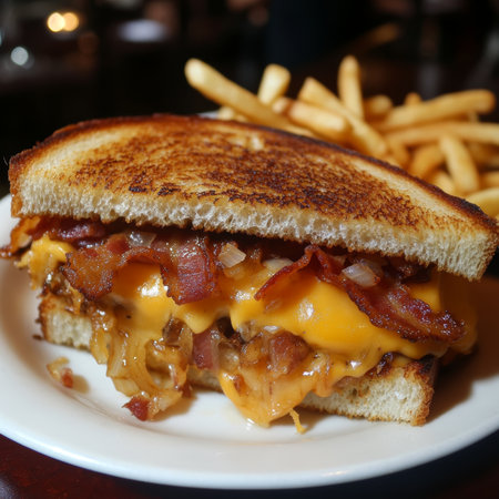 Delicious Grilled Cheese Sandwich with Crispy Bacon and Caramelized Onions Served with French Friesの素材