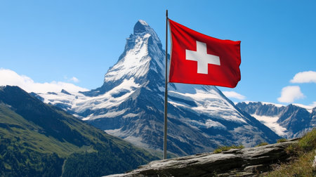 Stunning View of the Majestic Matterhorn with Swiss Flag in the Foreground, Alpine Adventure Awaitsの素材