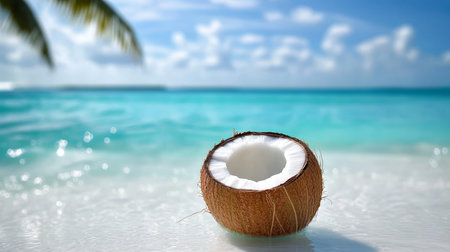 Vibrant summer beach scene featuring crystal clear ocean, white sand, and refreshing coconut drinkの素材