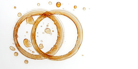 Coffee Stains on White Backdrop with Liquid Circle Imprints and Concentric Rings on Paper Surfaceの素材