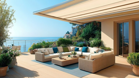 Elegant Outdoor Oasis Featuring a Modern Retractable Awning and Stylish Wicker Furniture on Balconyの素材
