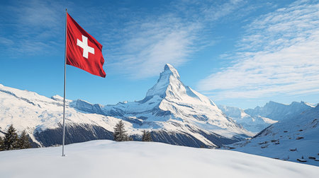Majestic Matterhorn Peak Surrounded by Snowy Landscape with Swiss Flag Representing National Prideの素材