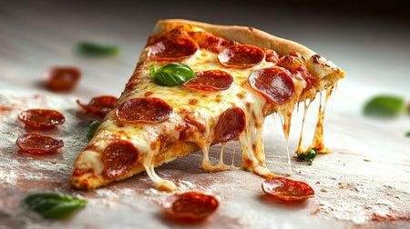 Delicious and Cheesy Pepperoni Pizza Slice with Fresh Toppings, Crispy Crust, and Savory Flavorsの素材