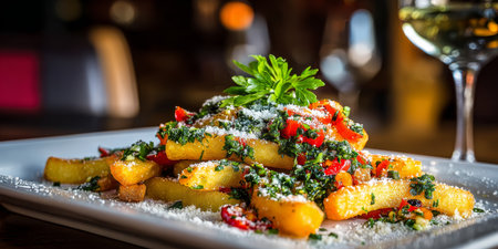 Delicious Herb-Infused Polenta Appetizer Topped with Parmesan and Red Pepper Flakes for Snackingの素材