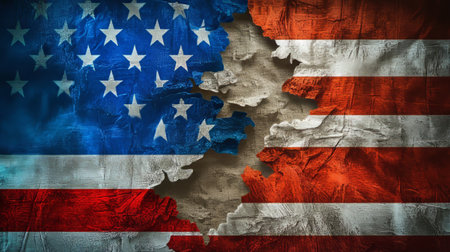 Political Tension Between Nations Symbolized by Torn Flags and Patriotism in a Global Crisis Themeの素材