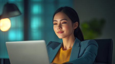 Asian Woman Working Calmly in a Modern Office Space, Embracing Productivity and Reflectionの素材