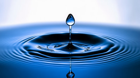 Serene Water Droplet Creating Ripples in a Tranquil Blue Pool, Evoking Calmness and Clarity.の素材