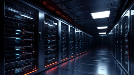 Modern Data Center with Tall Server Racks and Networking Equipment Illuminated by LED Lightsの素材