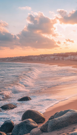 Breathtaking Sunset Over Coastal Houses Along the Shoreline, Creating a Tranquil Beachscape Sceneの素材