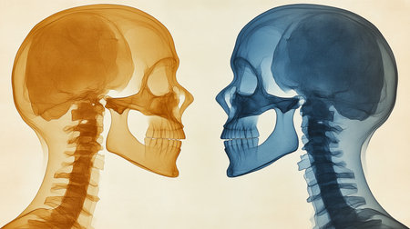 Artistic Medical Background with Skull Silhouettes and Colorful X-rays for Anatomy Displayの素材