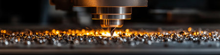 Close-Up of CNC Milling Machine Cutting Steel Material, Sparks Flying in Precision Engineeringの素材