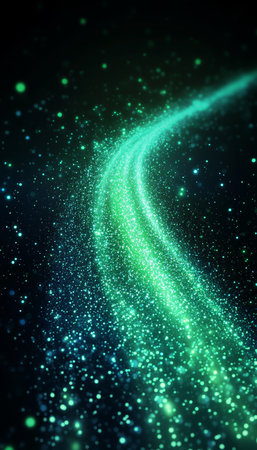 Dynamic Abstract Turquoise and Green Ribbon of Light with Particles for Stunning Background Designsの素材