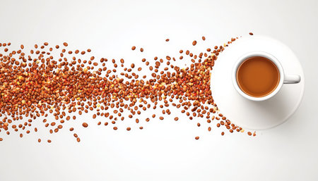 Stylized Coffee Bean Trail Leading to a Minimalist Coffee Cup Icon on a Bright White Backgroundの素材
